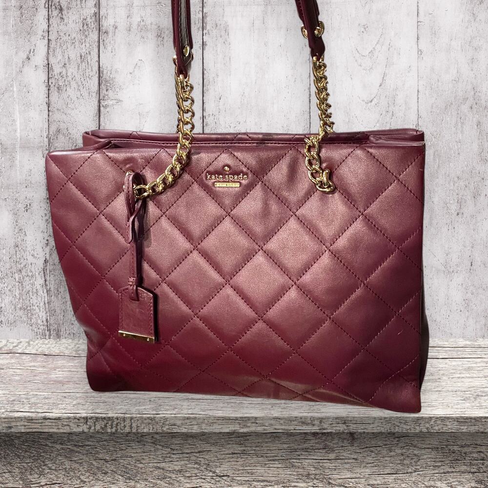 Kate Spade Natalia Tote Quilted Smooth Leather Shoulder Bag Cherry Wood Burgundy